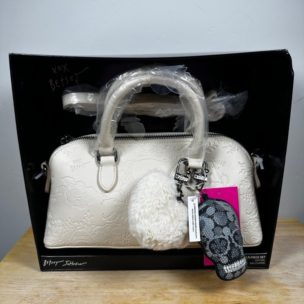 Betsey Johnson Xogema Satchel Purse Bag Skull Floral Embossed Chalk BJG25-04 NWT